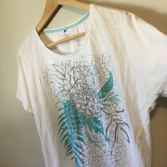 Olsen Europe Whimsical Tropical Pineapple Print Organic Cotton T-shirt - Picture 3 of 12